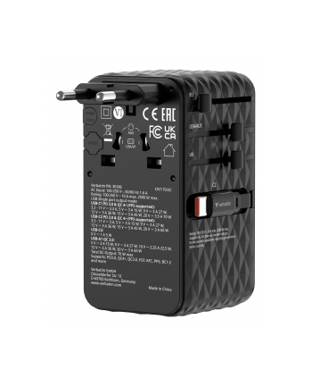 Adapter podróżny Verbatim Charge 'n' Travel GaN III globalny 1xUSB-C PD 3.0 QC 4+ 70W, 1xUSB-C PD 3.0 QC 4+ 60W, 1xUSB-C 5W, 1x USB-A QC 3.0 czarny nr 1