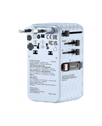 Adapter podróżny Verbatim Charge 'n' Travel GaN III globalny 1xUSB-C PD 3.0 QC 4+ 70W, 1xUSB-C PD 3.0 QC 4+ 60W, 1xUSB-C 5W, 1x USB-A QC 3.0 niebieski nr 1