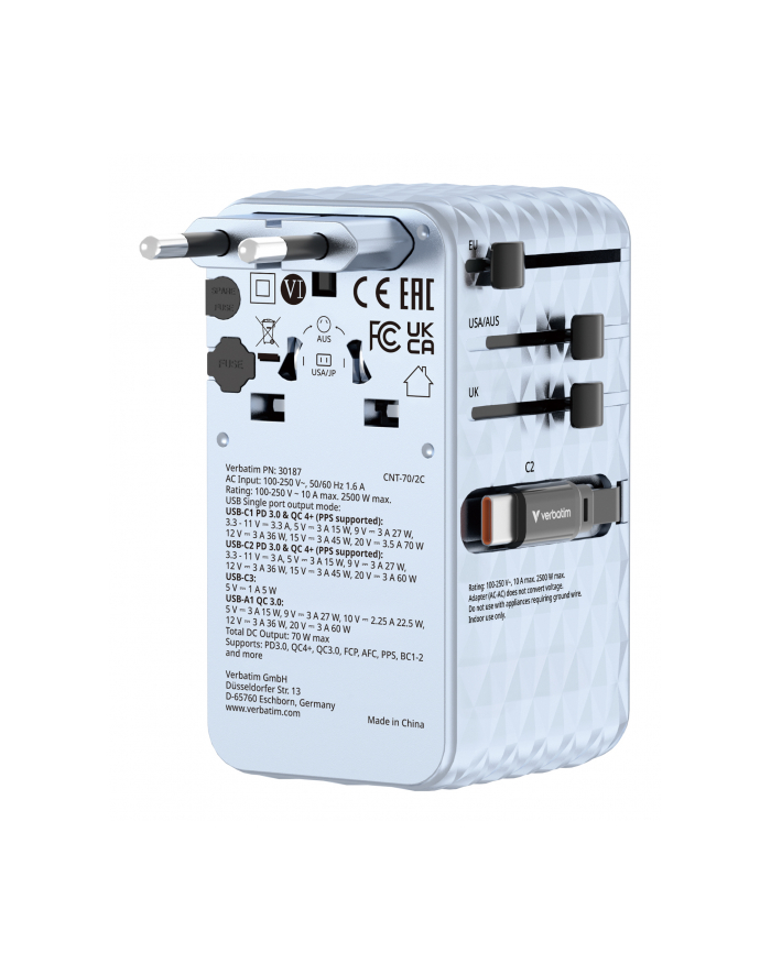 Adapter podróżny Verbatim Charge 'n' Travel GaN III globalny 1xUSB-C PD 3.0 QC 4+ 70W, 1xUSB-C PD 3.0 QC 4+ 60W, 1xUSB-C 5W, 1x USB-A QC 3.0 niebieski główny