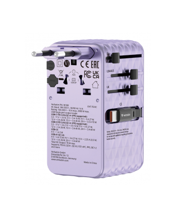 Adapter podróżny Verbatim Charge 'n' Travel GaN III globalny 1xUSB-C PD 3.0 QC 4+ 70W, 1xUSB-C PD 3.0 QC 4+ 60W, 1xUSB-C 5W, 1x USB-A QC 3.0 fioletowy nr 1
