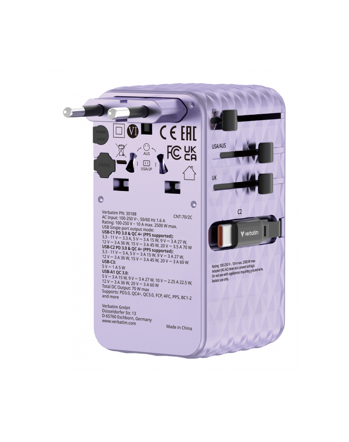 Adapter podróżny Verbatim Charge 'n' Travel GaN III globalny 1xUSB-C PD 3.0 QC 4+ 70W, 1xUSB-C PD 3.0 QC 4+ 60W, 1xUSB-C 5W, 1x USB-A QC 3.0 fioletowy główny