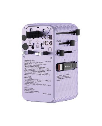 Adapter podróżny Verbatim Charge 'n' Travel GaN III globalny 1xUSB-C PD 3.0 QC 4+ 70W, 1xUSB-C PD 3.0 QC 4+ 60W, 1xUSB-C 5W, 1x USB-A QC 3.0 fioletowy nr 2