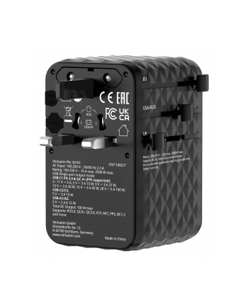 Adapter podróżny Verbatim Charge 'n' Travel GaN III globalny 1xUSB-C PD 3.0 QC 4+ 100W, 2xUSB-C 15W, 1xUSB-A 12W czarny nr 2