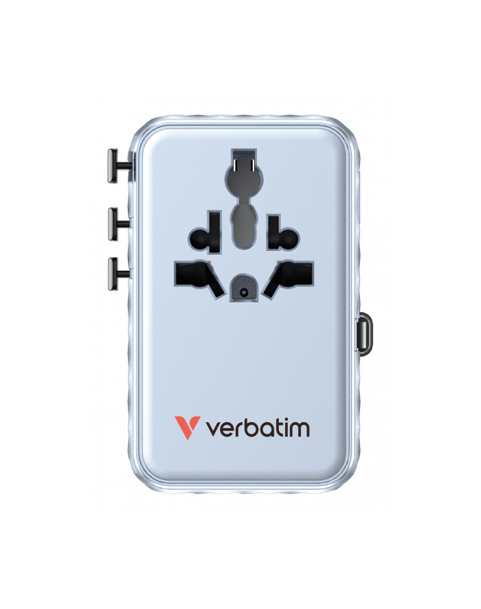 Adapter podróżny Verbatim Charge 'n' Travel GaN III globalny 1xUSB-C PD 3.0 QC 4+ 100W, 2xUSB-C 15W, 1xUSB-A 12W niebieski główny