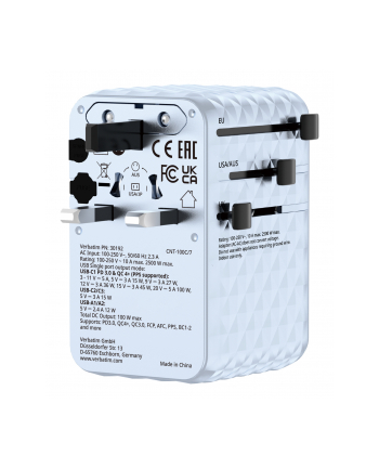 Adapter podróżny Verbatim Charge 'n' Travel GaN III globalny 1xUSB-C PD 3.0 QC 4+ 100W, 2xUSB-C 15W, 1xUSB-A 12W niebieski nr 2