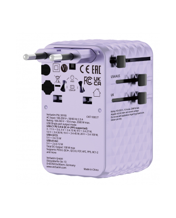 Adapter podróżny Verbatim Charge 'n' Travel GaN III globalny 1xUSB-C PD 3.0 QC 4+ 100W, 2xUSB-C 15W, 1xUSB-A 12W fioletowy nr 2