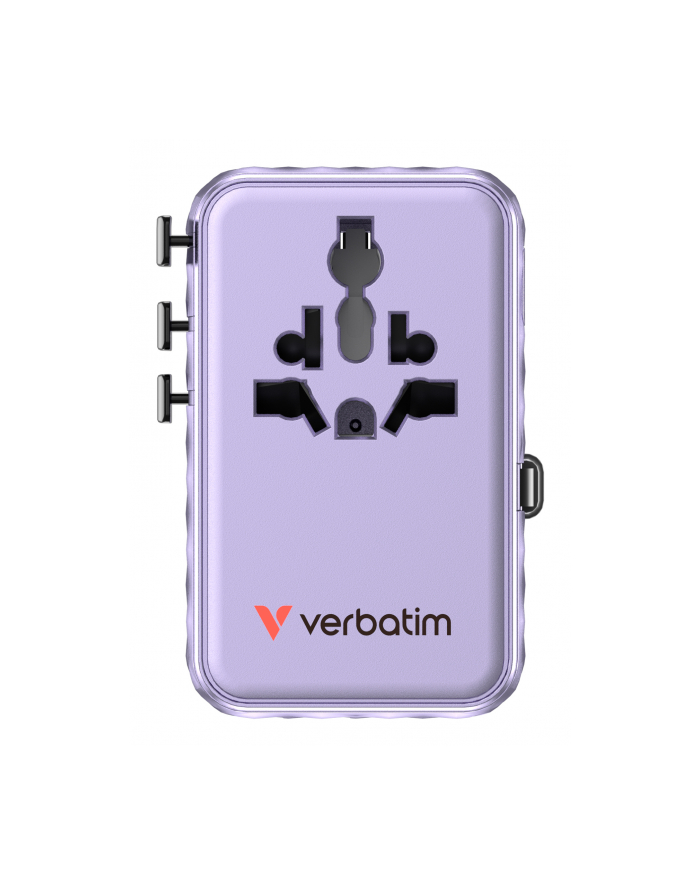 Adapter podróżny Verbatim Charge 'n' Travel GaN III globalny 1xUSB-C PD 3.0 QC 4+ 100W, 2xUSB-C 15W, 1xUSB-A 12W fioletowy główny