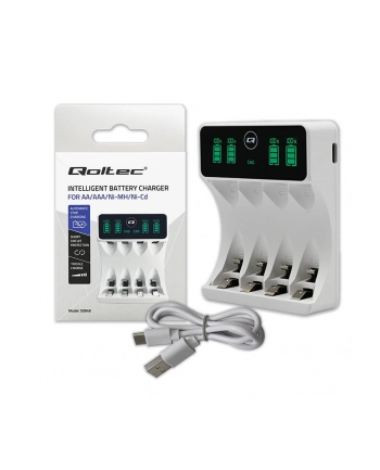 Ładowarka Qoltec do akumulatorków Ni-MH typu R03 AAA R6 AA | LCD | Kabel USB-C | Biała nr 1