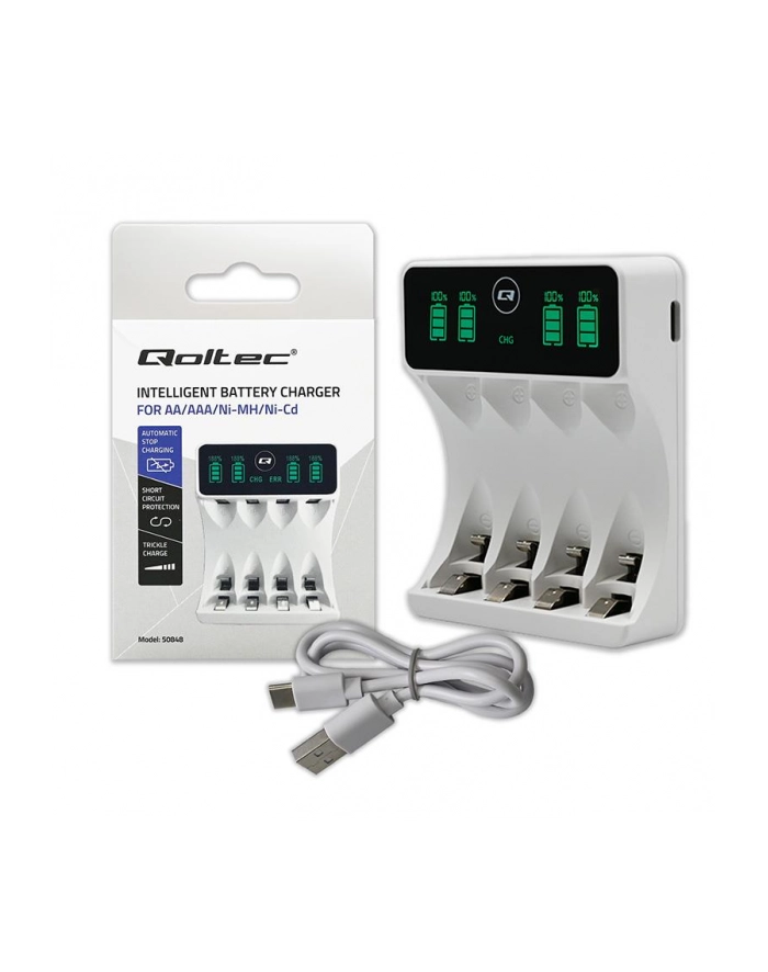 Ładowarka Qoltec do akumulatorków Ni-MH typu R03 AAA R6 AA | LCD | Kabel USB-C | Biała główny
