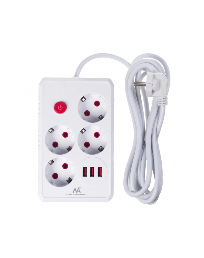 Listwa zasilająca Maclean MCE393 W, przedłużacz 4 gniazda + 3xUSB, 110-240V AC 50/60Hz, 2.1A max 2500W, 3m, biała główny
