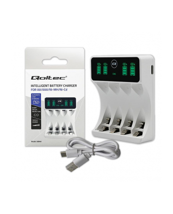 Ładowarka Qoltec do akumulatorków Ni-MH typu R03 AAA R6 AA | LCD | Kabel USB-C | Biała nr 1