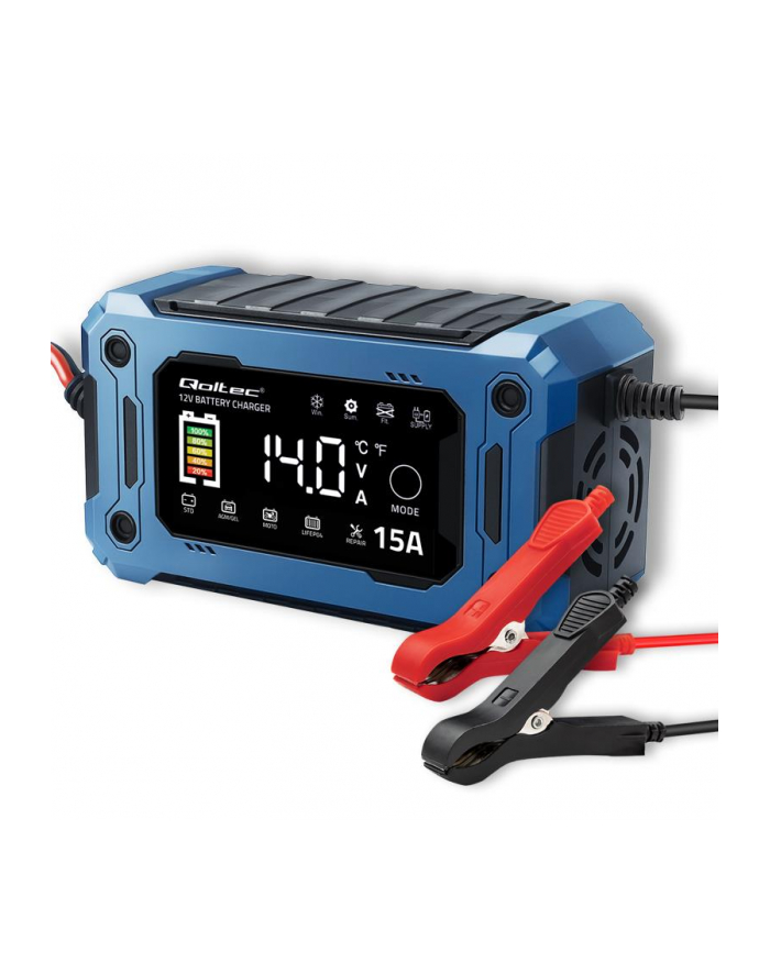 Ładowarka inteligentna Qoltec mikroprocesorowa 12V 15A | Prostownik z funkcją naprawy i podtrzymania zasilania podczas wymiany akumulatora | do AGM GE główny