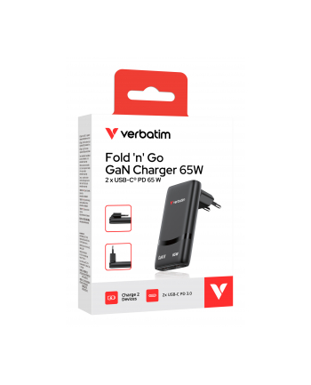 Ładowarka sieciowa Verbatim GaN Fold 'n' Go 65W 2xUSB-C PD 3.0 czarna nr 1