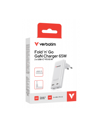 Ładowarka sieciowa Verbatim GaN Fold 'n' Go 65W 2xUSB-C PD 3.0 biała nr 1