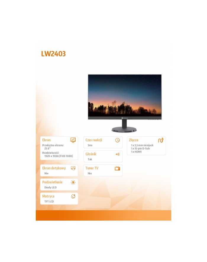 ag neovo Monitor 23.8 cala LW-2403 IPS 100Hz HDMI  VGA Głośniki główny