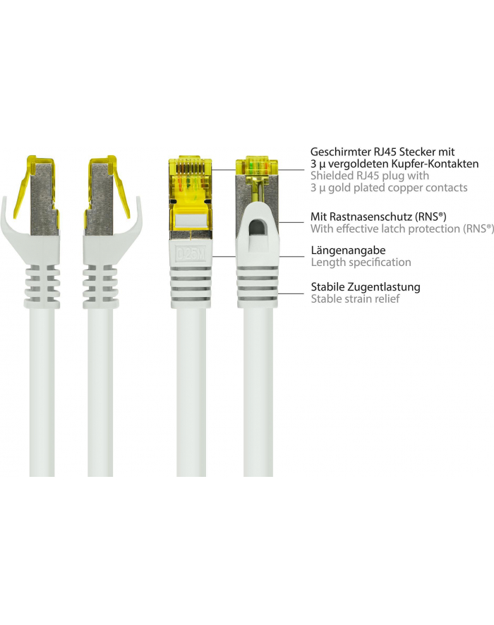 Good Connections RJ45 Patch Cable with Cat.7 Raw and Snap-in Protection (RNS®), S / FTP, PiMF, Halogen Free, 600MHz, OFC, White, 50m, Conne główny