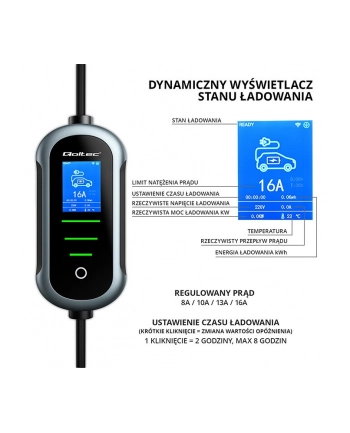 qoltec Mobilna ładowarka do samochodu elektrycznego EV z regulacją 2w1  Typ2 | 11kW | 400V | Wi-Fi | TUYA | SMART LIFE | LCD | Wallbox | 5m nr 2