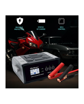 qoltec Mikroprocesorowa ładowarka 12V 24V 25A | Prostownik z funkcją naprawy do akumulatora AGM GEL SLA | LCD nr 2