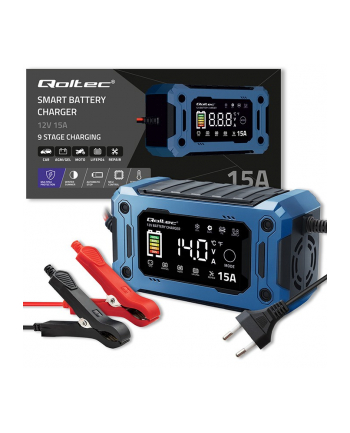 qoltec Mikroprocesorowa ładowarka 12V 15A | Prostownik z funkcją naprawy i podtrzymania zasilania podczas wymiany akumulatora | do AGM GEL LiFePO4 |   LCD nr 1