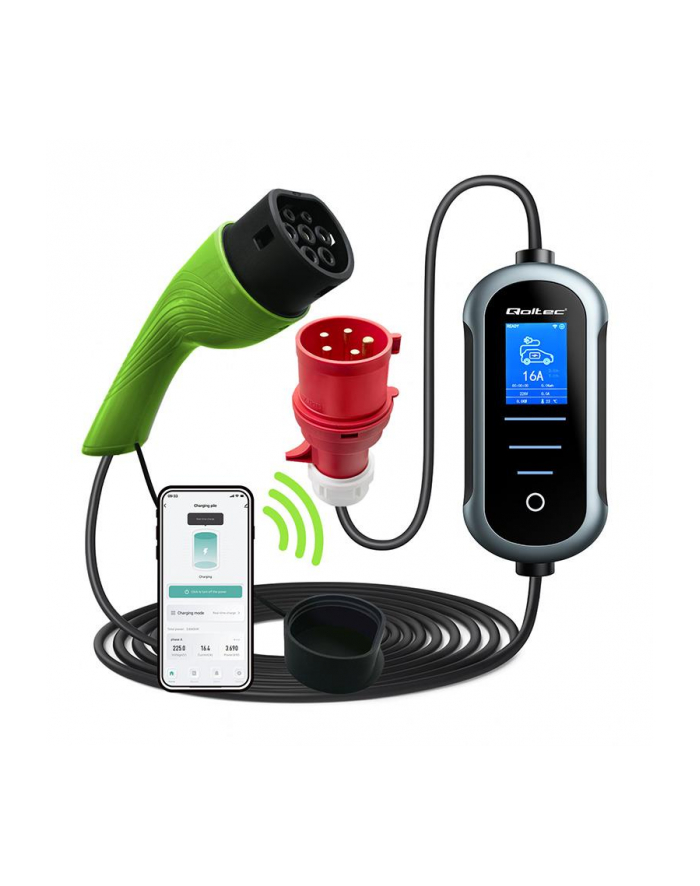 qoltec Mobilna ładowarka do samochodu elektrycznego EV z regulacją 2w1  Typ2 | 22kW | 400V | Wi-Fi | TUYA | SMART LIFE | LCD | Wallbox | 7m główny