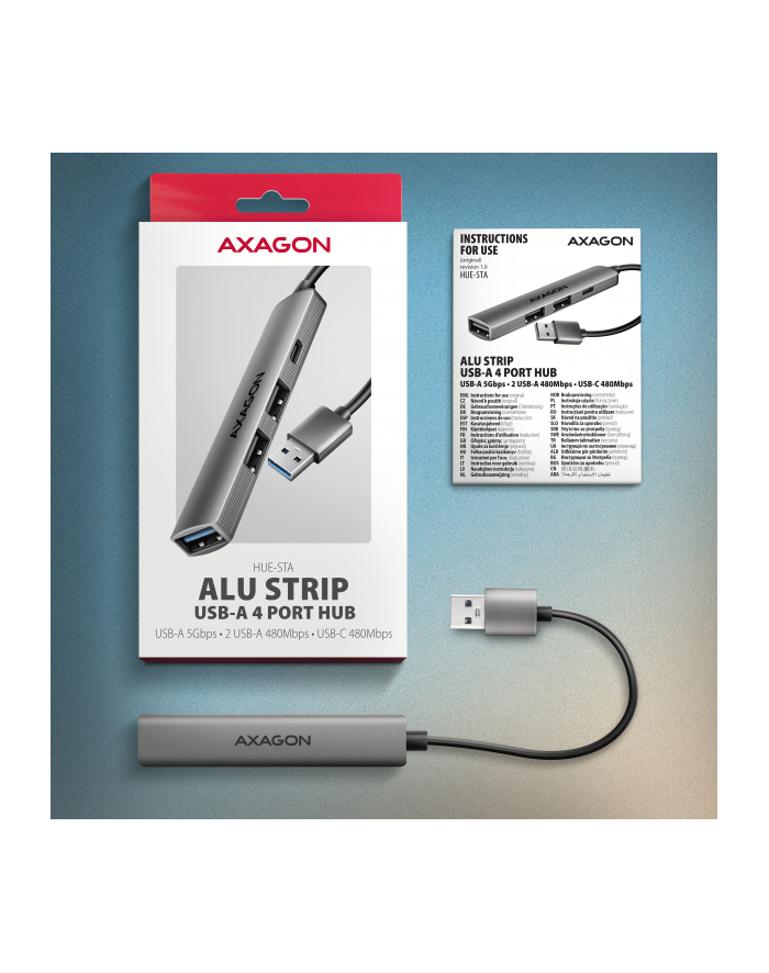 axagon HUE-STA HUB 4-portowy 1x USB-A 5Gbps, 2x USB2.0 + 1x USB-C 2.0, 12cm kabel USB-A główny