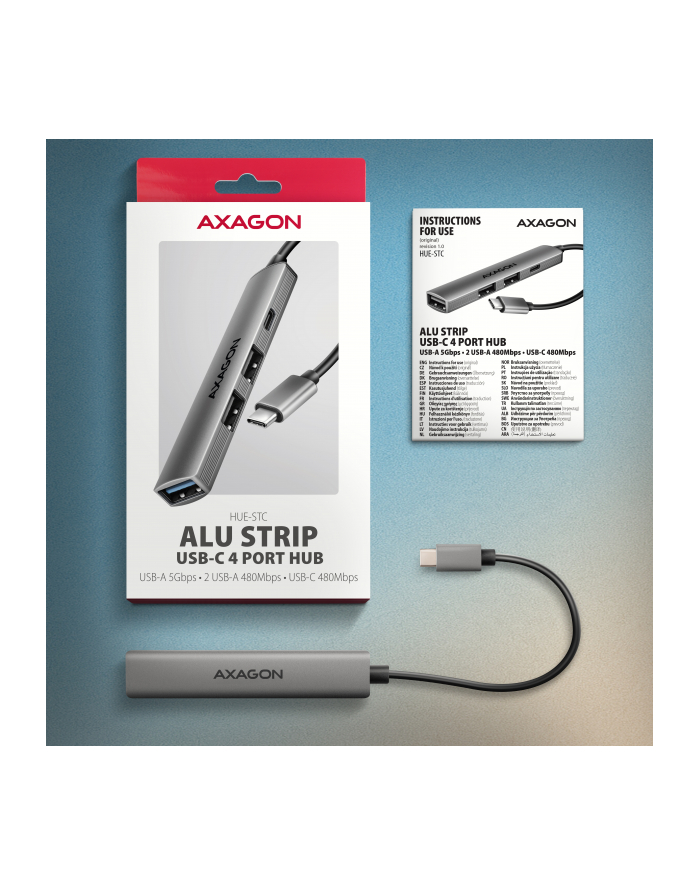 axagon HUE-STC HUB 4-portowy  1x USB-A 5Gbps, 2x USB2.0 + 1x USB-C 2.0, 12cm kabel USB-C główny