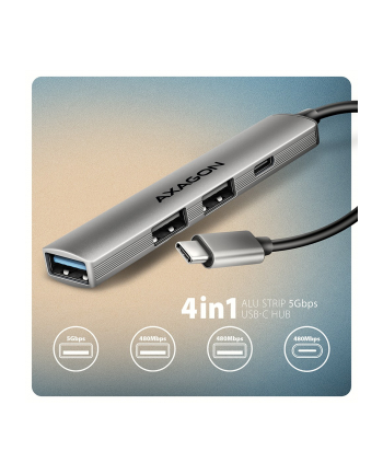 axagon HUE-STC HUB 4-portowy  1x USB-A 5Gbps, 2x USB2.0 + 1x USB-C 2.0, 12cm kabel USB-C