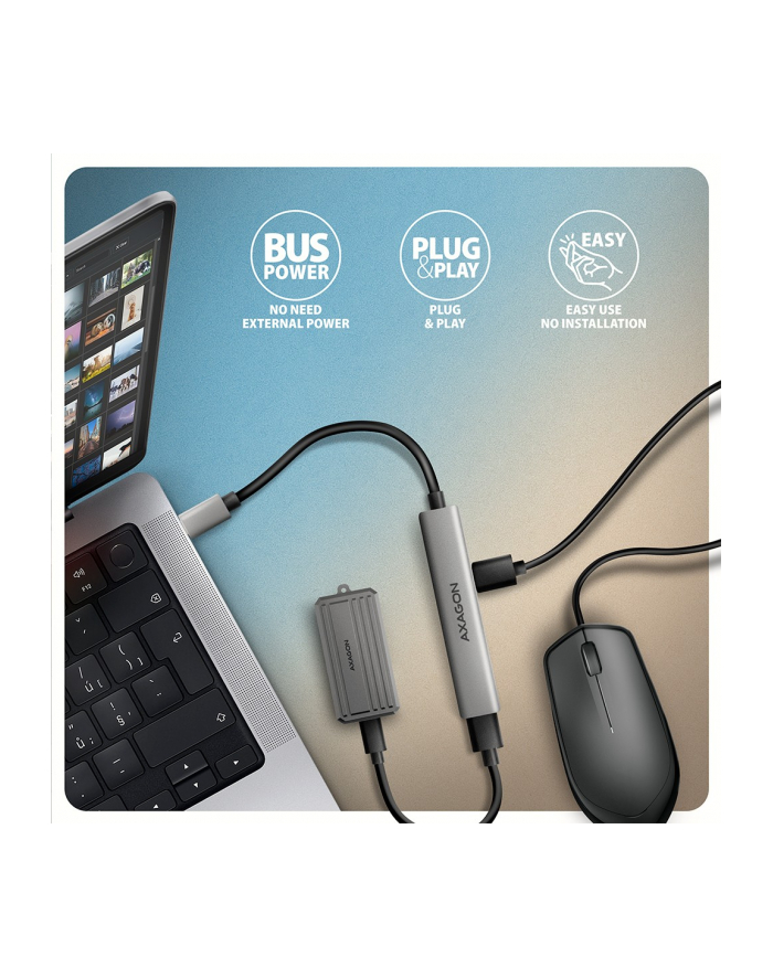axagon HUE-STC HUB 4-portowy  1x USB-A 5Gbps, 2x USB2.0 + 1x USB-C 2.0, 12cm kabel USB-C główny