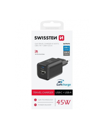 Swissten Network Adapter Gan 1X Usb C 45W Pd A 18W Qc Black nr 1