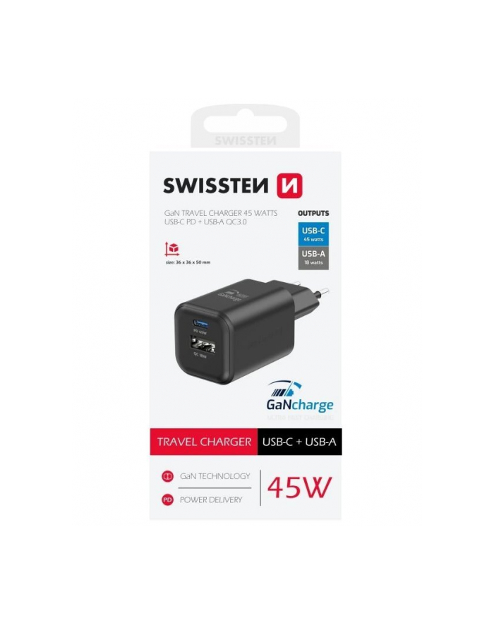 Swissten Network Adapter Gan 1X Usb C 45W Pd A 18W Qc Black główny