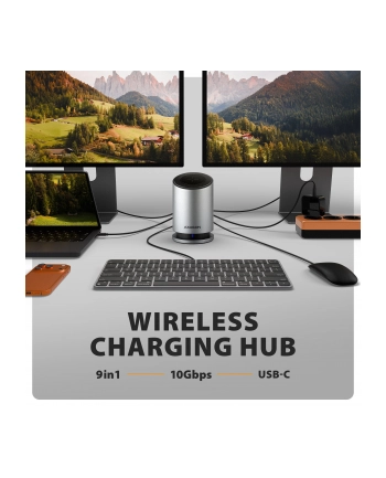axagon HMC-WL9 Wieloportowy hub USB 9in1, 10Gbps, 3xUSB-A, 1xUSB-C, DP 8K/60Hz, HDMI 4K/60Hz, PD 100W, GLAN, 100cm USB-C kabel, wireless charging 15W