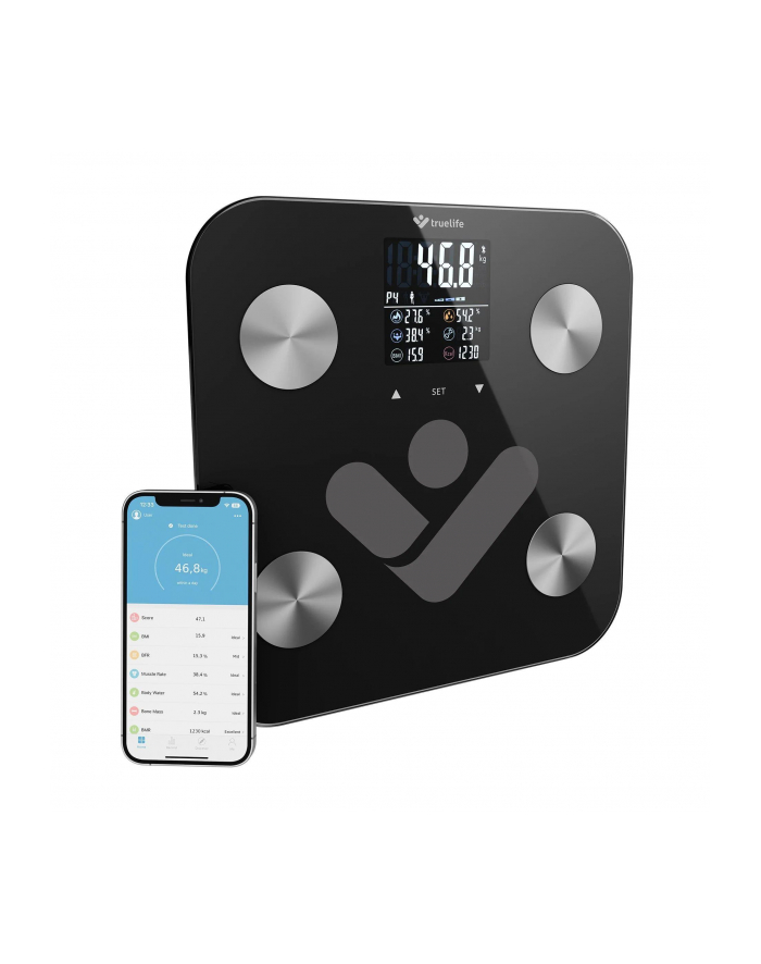 Waga diagnostyczna bluetooth TrueLife FitShape S6 BT czarna kolorowy LCD 0,2 ~ 180 kg iOS, System Android główny