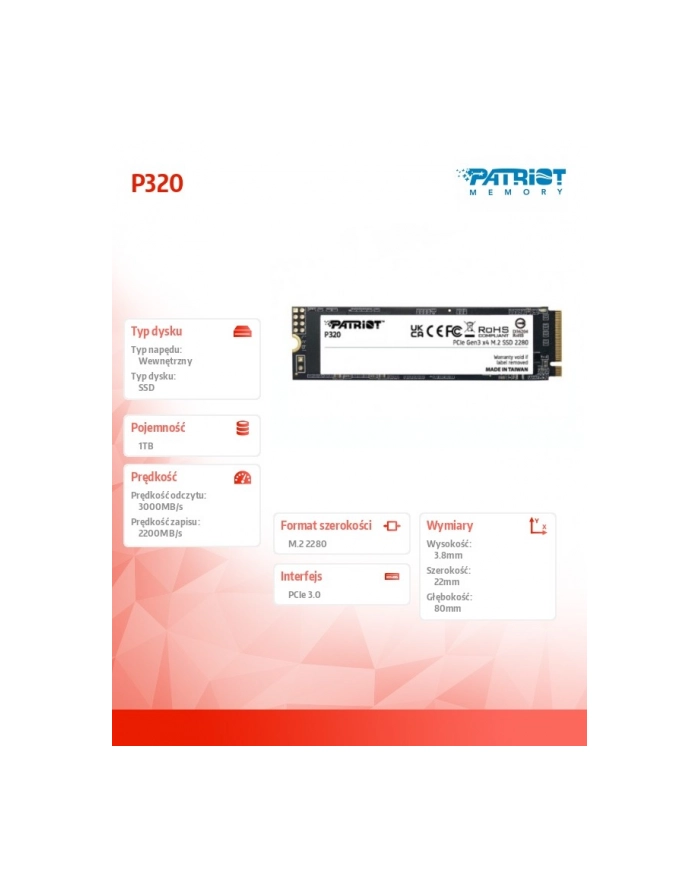 patriot Dysk SSD 1TB P320 PCIe M.2 Gen3 x4 NVMe 3000/2200MB/s główny