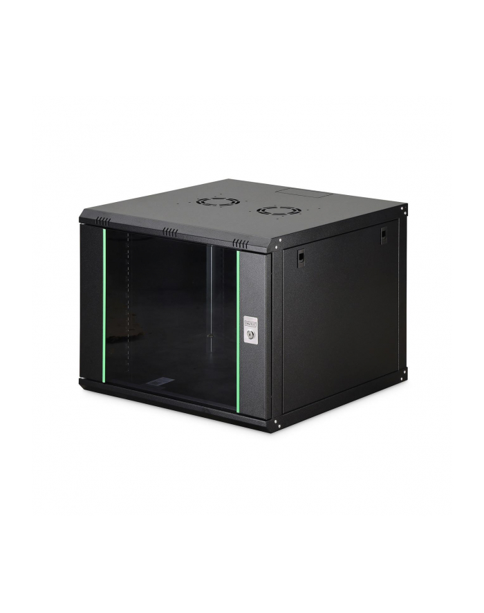 Szafa sieciowa wisząca jednosekcyjna DIGITUS Dynamic 19'' 9U, 600x600, drzwi szyba, czarny, niezmontowana, 60kg główny