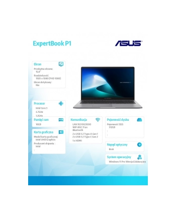 Notebook Asus ExpertBook P1503CVA-S72681XA 15,6''FHD/Core 3 100U/16GB/SSD512GB/Intel/11PR EDU Misty Grey 3Y On-Site NBD nr 2
