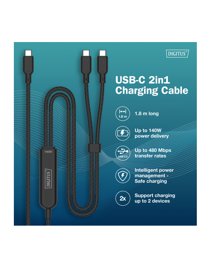 digitus Kabel zasilający 2w1 USB-C - 2x USB-C, USB 2.0 140W PD 3.1, nylonowy, 1,8m czarny główny