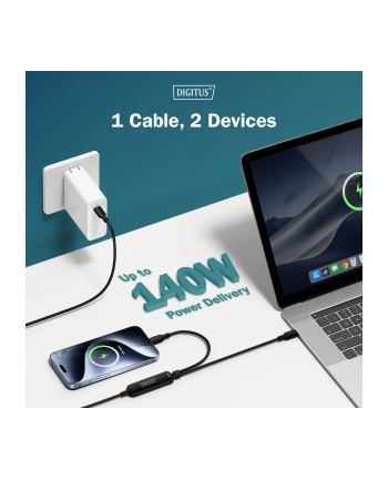 digitus Kabel zasilający 2w1 USB-C - 2x USB-C, USB 2.0 140W PD 3.1, nylonowy, 1,8m czarny