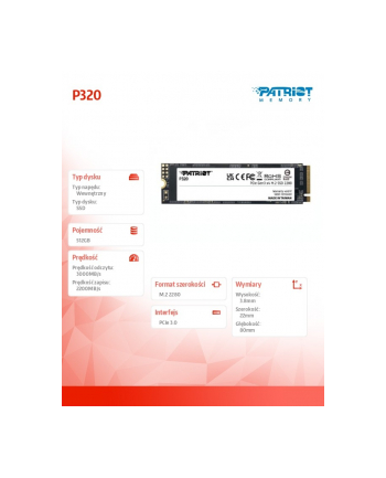 patriot Dysk SSD 512GB P320 PCIe M.2 Gen3 x4 NVMe 3000/2200MB/s