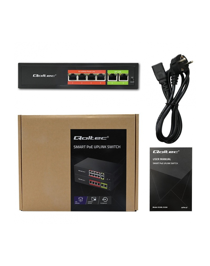 qoltec Przełącznik sieciowy SWITCH FAST Ethernet PoE | 4x RJ45 |  2x    RJ45 Uplink | 65W | 10/100Mb/s główny