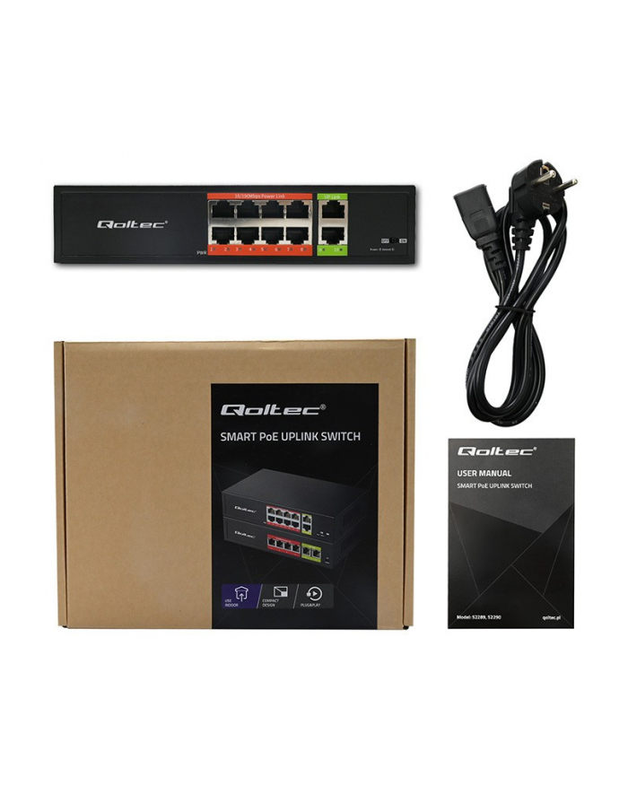qoltec Przełącznik sieciowy SWITCH FAST Ethernet PoE | 8x RJ45 |  2x RJ45 Uplink | 120W | 10/100 Mb/s główny
