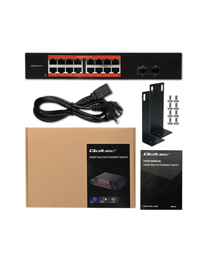 qoltec Przełącznik sieciowy SWITCH Gigabit Ethernet PoE | 16x RJ45 | 2x SFP | 1000 Mb/s główny