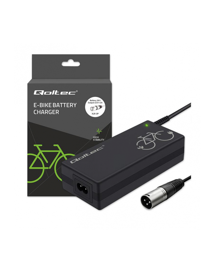 qoltec Ładowarka do roweru elektrycznego 36V | 42V | 2A | 3P XLR-18mm  + kabel zasilający główny