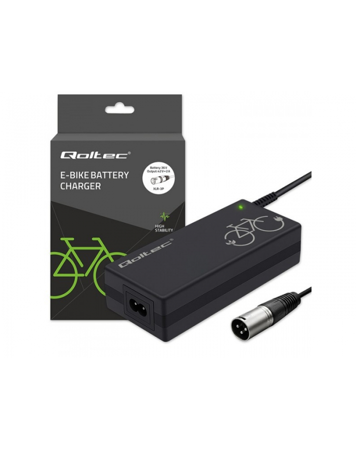 qoltec Ładowarka do roweru elektrycznego 36V | 42V | 2A | 3P XLR-18mm  + kabel zasilający główny
