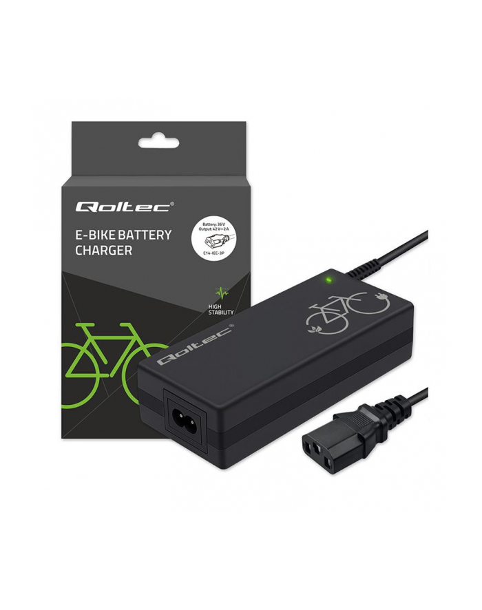 qoltec Ładowarka do roweru elektrycznego 36V | 42V | 2A | C14-IEC-3Pin + kabel zasilający główny