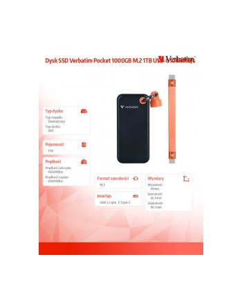 Dysk SSD Verbatim Pocket 1000GB M.2 1TB USB-C 1000Mb/s