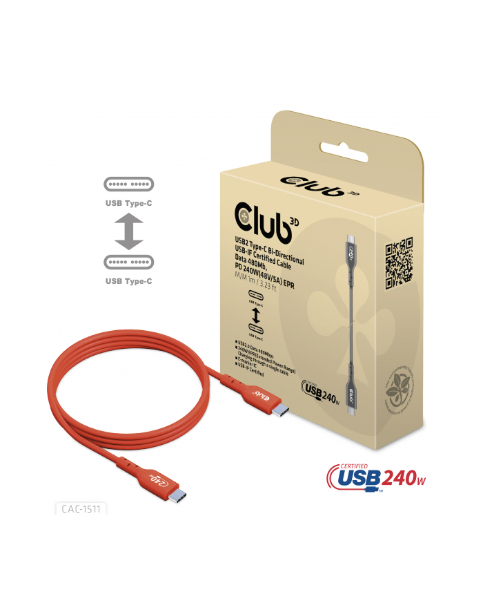Club 3D Kabel Usb Club3D 2 Typ C Pd 240W / 480Mb 1M St/St Retail główny