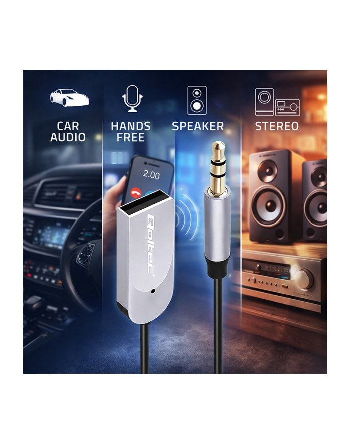Adapter Qoltec bezprzewodowy odbiornik dźwięku Audio HiFu Home'Car | Bluetooth 6.0 | 2 x RCA | 1 x AUX MiniJack 3.5mm | USB | Mikrofon główny