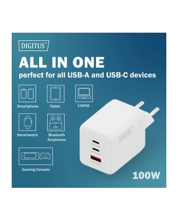 digitus Ładowarka sieciowa/zasilacz USB GaN 100W, 2x USB-C, 1x USB-A, biała