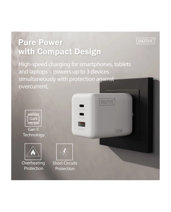 digitus Ładowarka sieciowa/zasilacz USB GaN 100W, 2x USB-C, 1x USB-A, biała