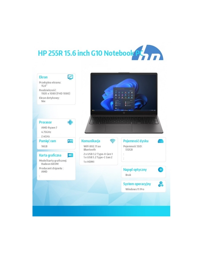 hp inc. Notebook 255R G10 R7-7735U 512GB/16GB/W11P/15,6 '' D4TJ0ET główny
